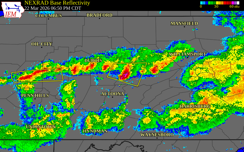 NEXRAD radar during the Sunday, March 22, 2026 storm activity in Clearfield County, Pennsylvania