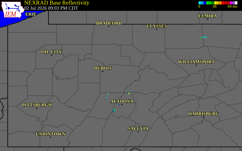NEXRAD radar during the Thursday, July 2, 2026 storm activity in Clearfield County, Pennsylvania