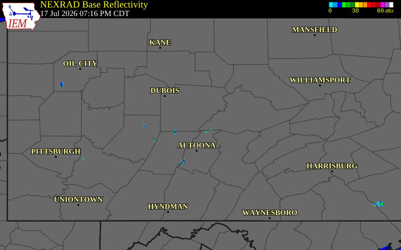 NEXRAD radar during the Friday, July 17, 2026 storm activity in Clearfield County, Pennsylvania