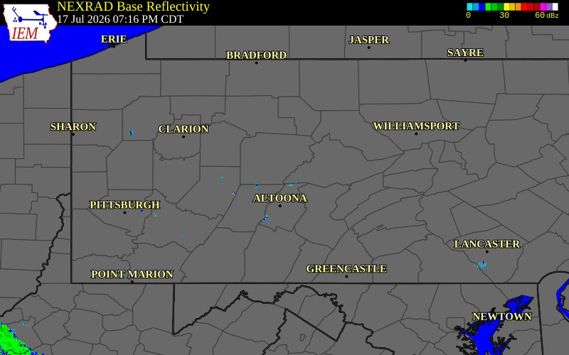 Radar snapshot during the Jul 17, 2026 tornado event near 2 SSW Houtzdale, Clearfield County, Pennsylvania, with NWS warning polygons