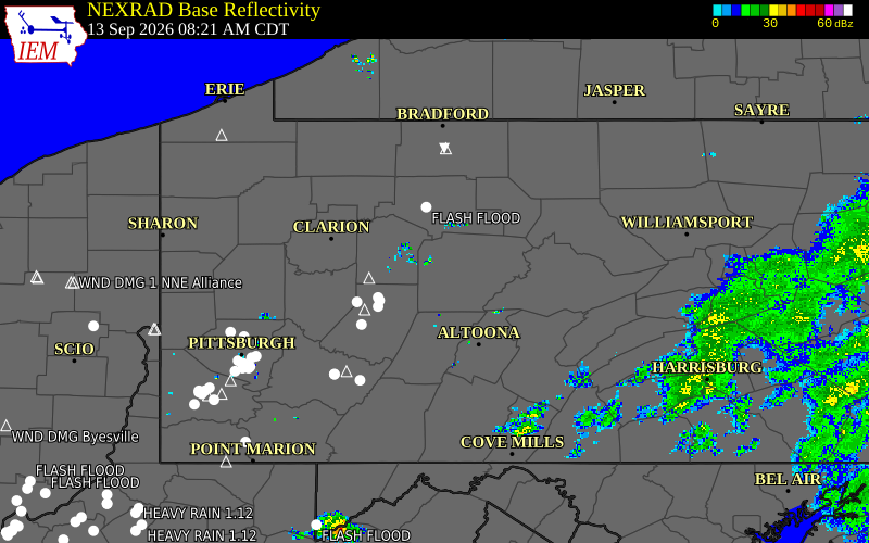 Current NEXRAD radar over Clearfield County, Pennsylvania with recent storm report locations