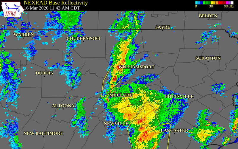 NEXRAD radar during the Monday, March 16, 2026 storm activity in Clinton County, Pennsylvania