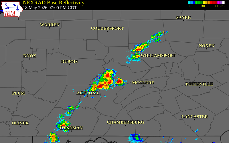 NEXRAD radar during the Monday, May 18, 2026 storm activity in Clinton County, Pennsylvania