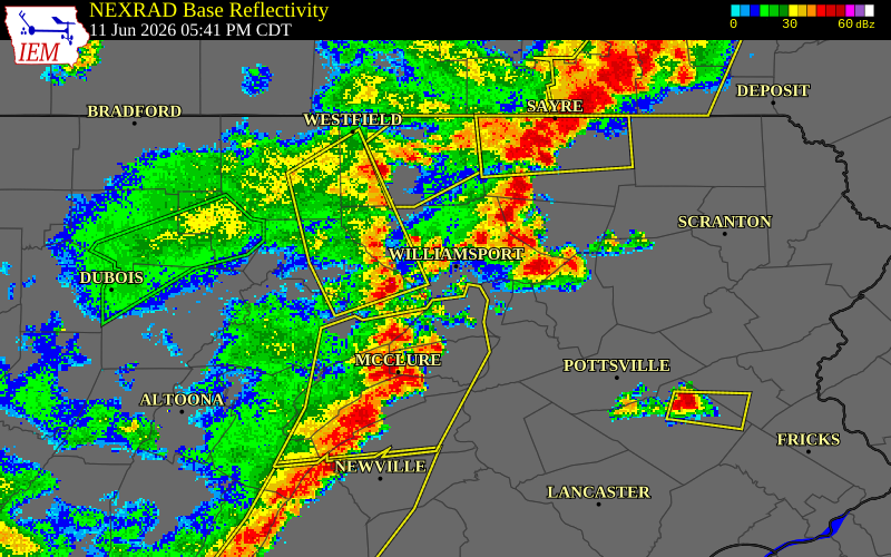 NEXRAD radar during the Thursday, June 11, 2026 storm activity in Clinton County, Pennsylvania