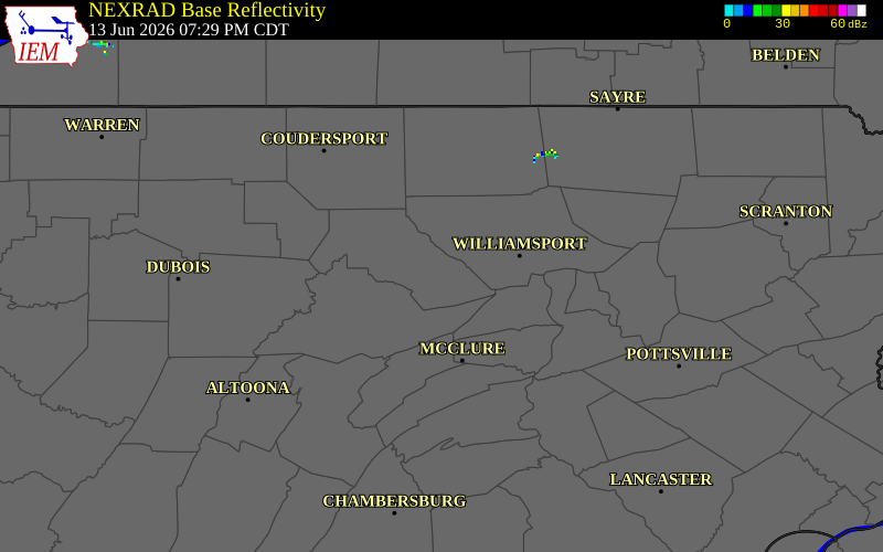 NEXRAD radar during the Saturday, June 13, 2026 storm activity in Clinton County, Pennsylvania