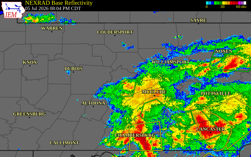 NEXRAD radar during the Sunday, July 5, 2026 storm activity in Clinton County, Pennsylvania