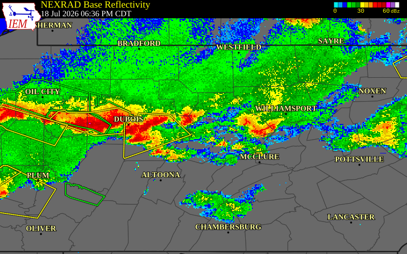 NEXRAD radar during the Saturday, July 18, 2026 storm activity in Clinton County, Pennsylvania