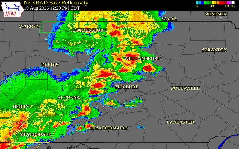 NEXRAD radar during the Monday, August 10, 2026 storm activity in Clinton County, Pennsylvania