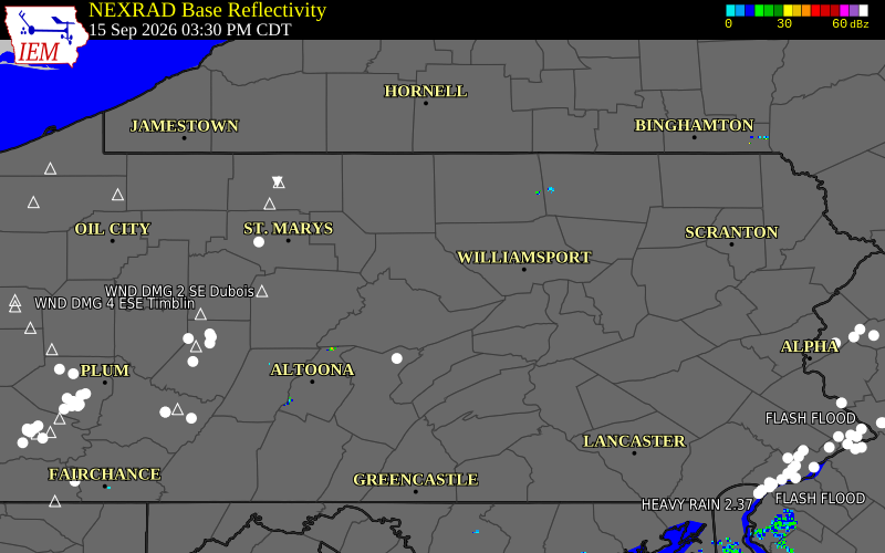 Current NEXRAD radar over Clinton County, Pennsylvania with recent storm report locations