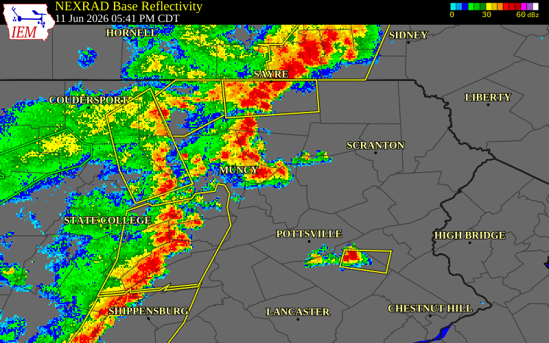 NEXRAD radar during the Thursday, June 11, 2026 storm activity in Columbia County, Pennsylvania