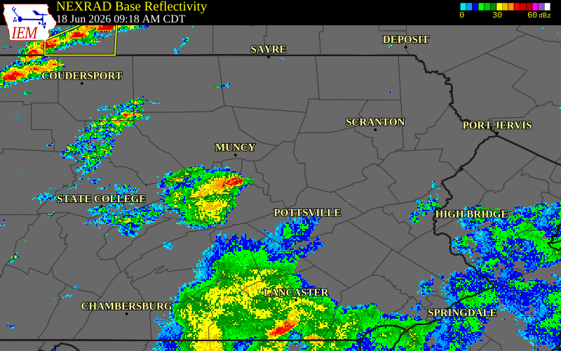 NEXRAD radar during the Thursday, June 18, 2026 storm activity in Columbia County, Pennsylvania