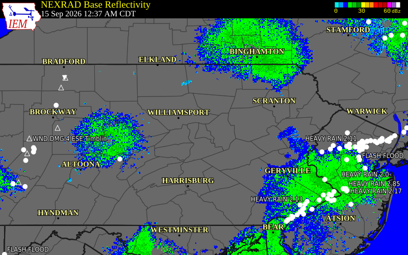 Current NEXRAD radar over Columbia County, Pennsylvania with recent storm report locations