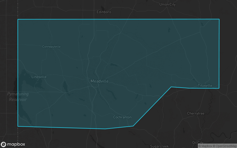Map of Crawford County, Pennsylvania showing the county boundary and surrounding cities