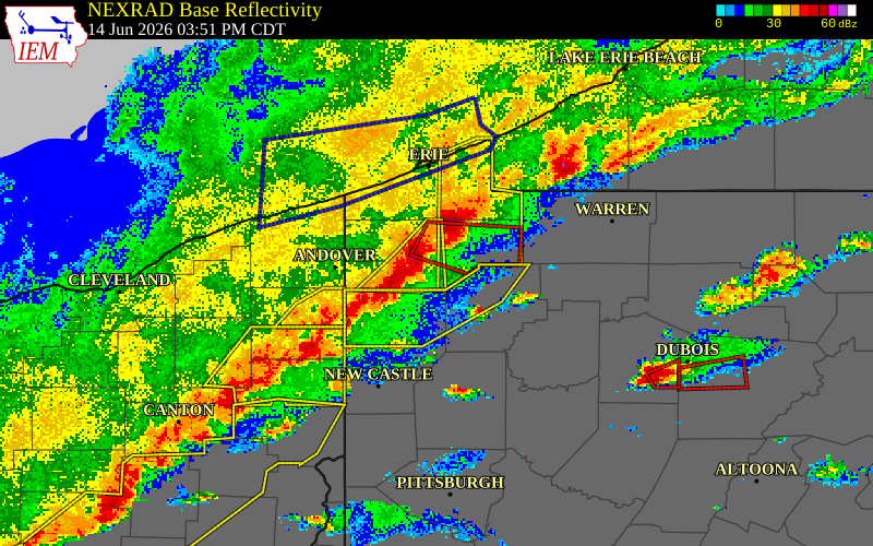 NEXRAD radar during the Sunday, June 14, 2026 storm activity in Crawford County, Pennsylvania