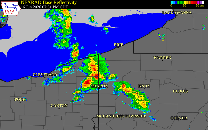 NEXRAD radar during the Tuesday, June 16, 2026 storm activity in Crawford County, Pennsylvania