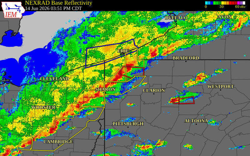 Radar snapshot during the Jun 14, 2026 tornado event near 4 N Cochranton, Crawford County, Pennsylvania, with NWS warning polygons