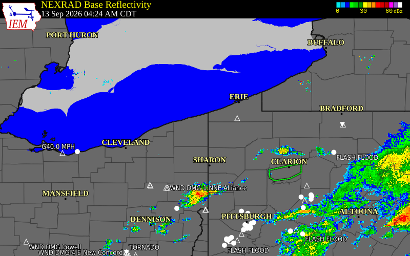 Current NEXRAD radar over Crawford County, Pennsylvania with recent storm report locations