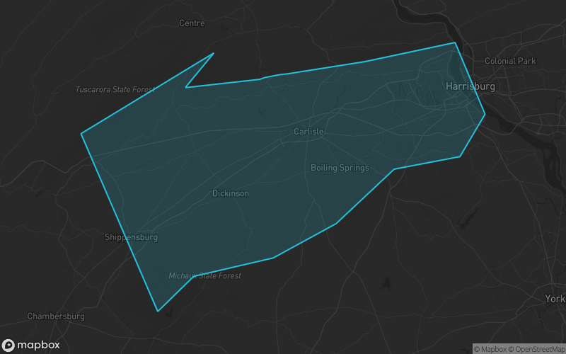 Map of Cumberland County, Pennsylvania showing the county boundary and surrounding cities