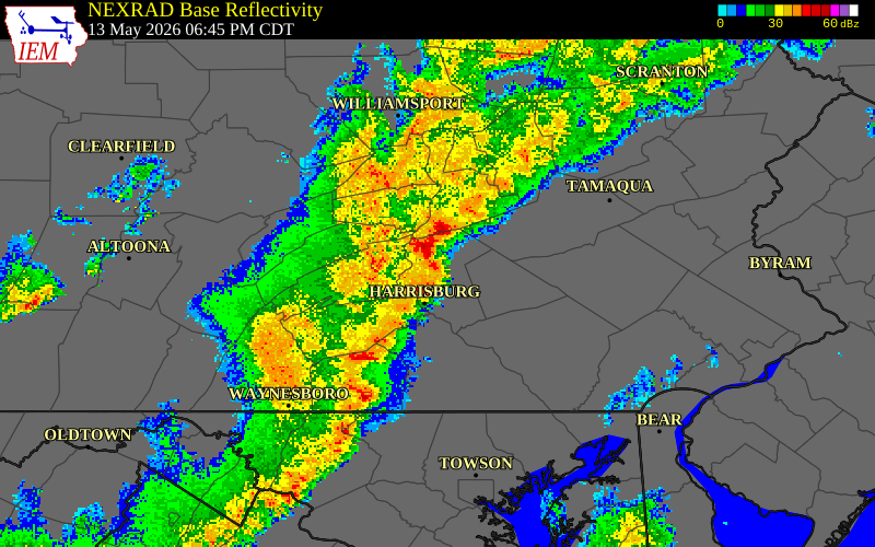 NEXRAD radar during the Wednesday, May 13, 2026 storm activity in Cumberland County, Pennsylvania