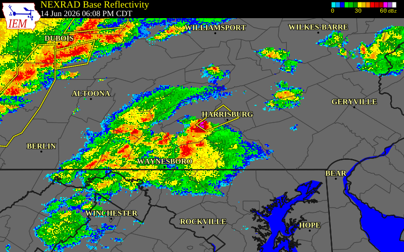 NEXRAD radar during the Sunday, June 14, 2026 storm activity in Cumberland County, Pennsylvania
