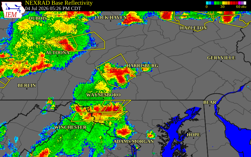 NEXRAD radar during the Saturday, July 4, 2026 storm activity in Cumberland County, Pennsylvania