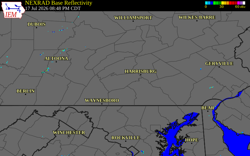 NEXRAD radar during the Friday, July 17, 2026 storm activity in Cumberland County, Pennsylvania