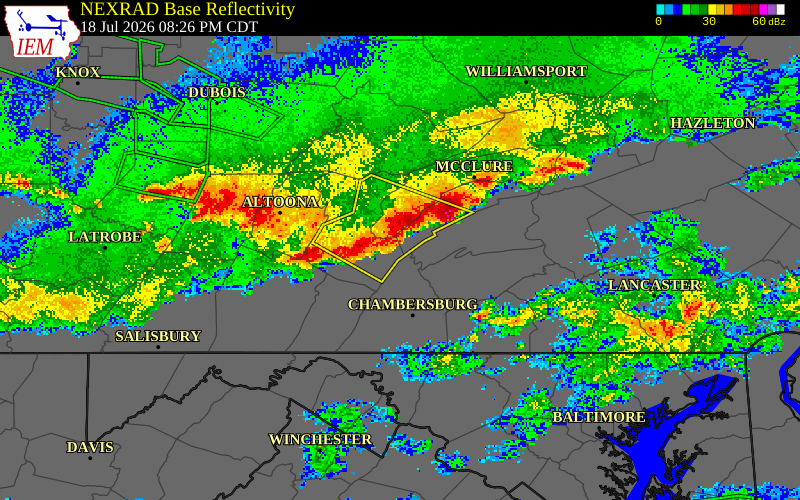 NEXRAD radar during the Saturday, July 18, 2026 storm activity in Cumberland County, Pennsylvania