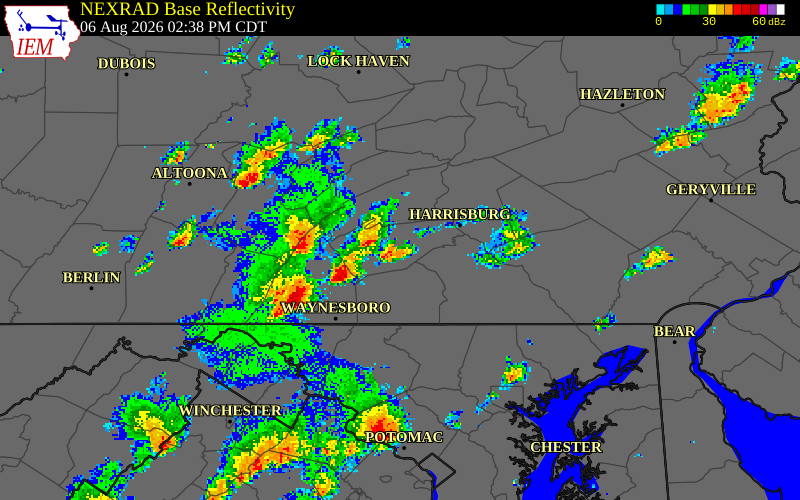 NEXRAD radar during the Thursday, August 6, 2026 storm activity in Cumberland County, Pennsylvania