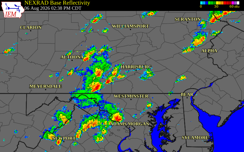 Radar snapshot during the Aug 6, 2026 wind event near Cumberland County, Cumberland County, Pennsylvania, with NWS warning polygons