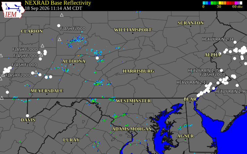 Current NEXRAD radar over Cumberland County, Pennsylvania with recent storm report locations
