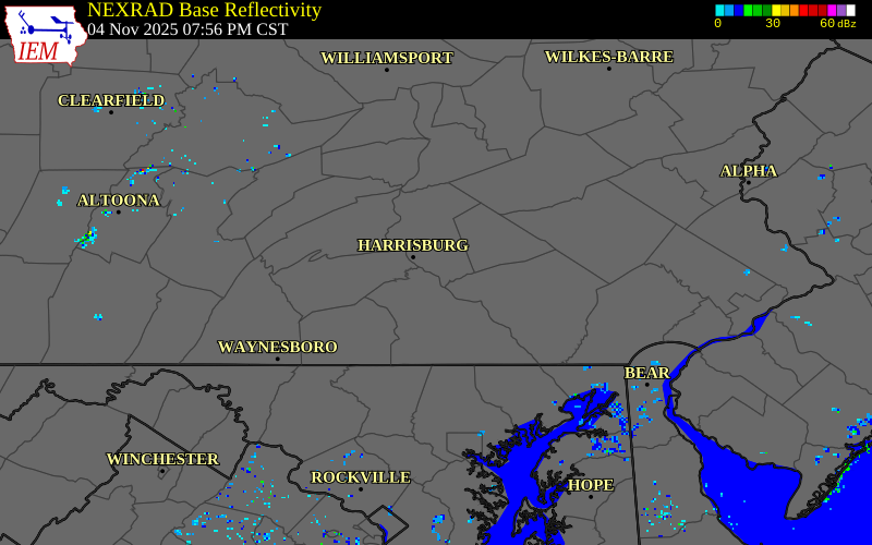 NEXRAD radar during the Tuesday, November 4, 2025 storm activity in Dauphin County, Pennsylvania