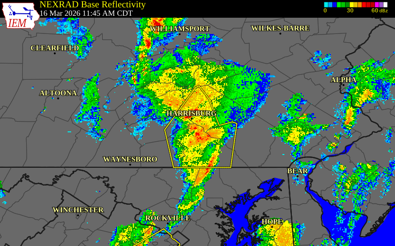 NEXRAD radar during the Monday, March 16, 2026 storm activity in Dauphin County, Pennsylvania