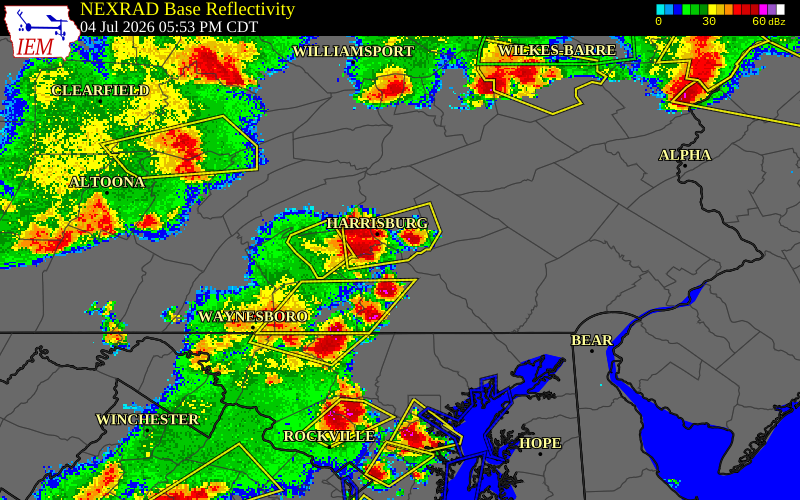 NEXRAD radar during the Saturday, July 4, 2026 storm activity in Dauphin County, Pennsylvania