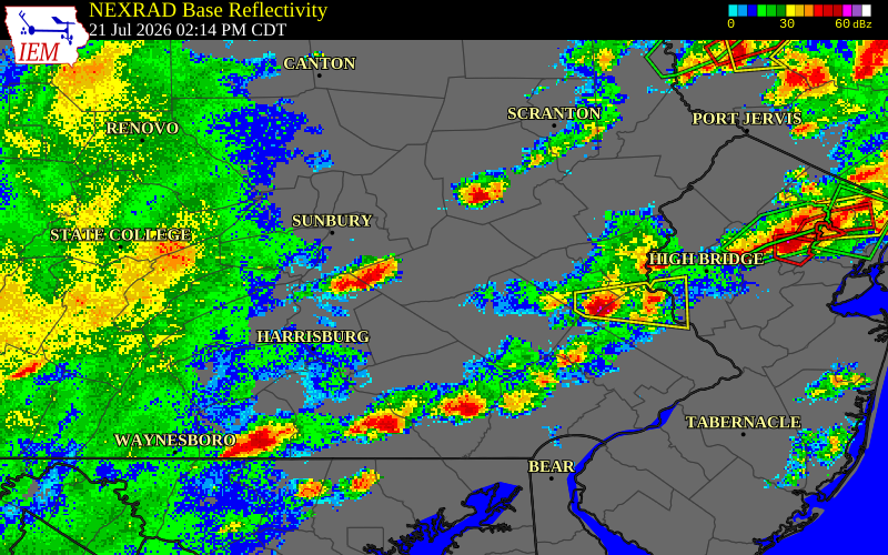 NEXRAD radar during the Tuesday, July 21, 2026 storm activity in Dauphin County, Pennsylvania