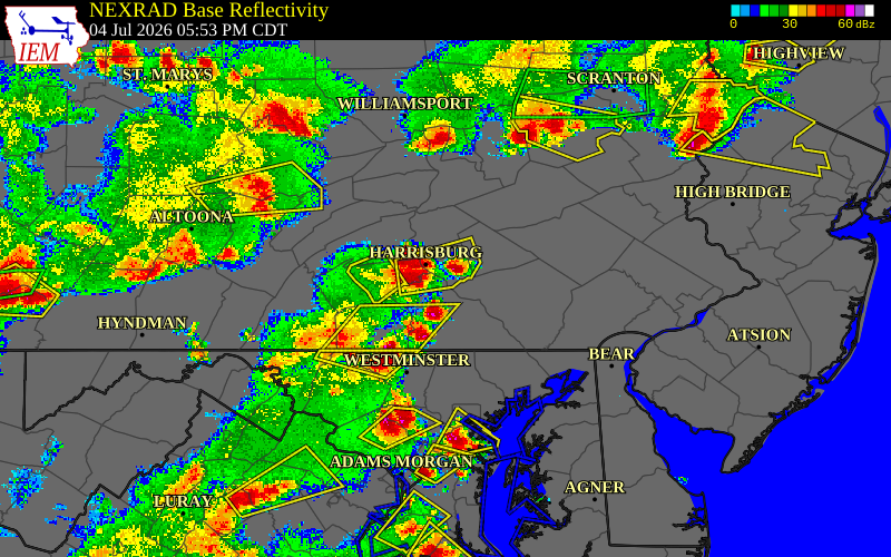 Radar snapshot during the Jul 4, 2026 wind event near 2 WSW Middletown, Dauphin County, Pennsylvania, with NWS warning polygons