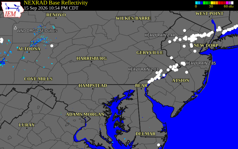 Current NEXRAD radar over Dauphin County, Pennsylvania with recent storm report locations