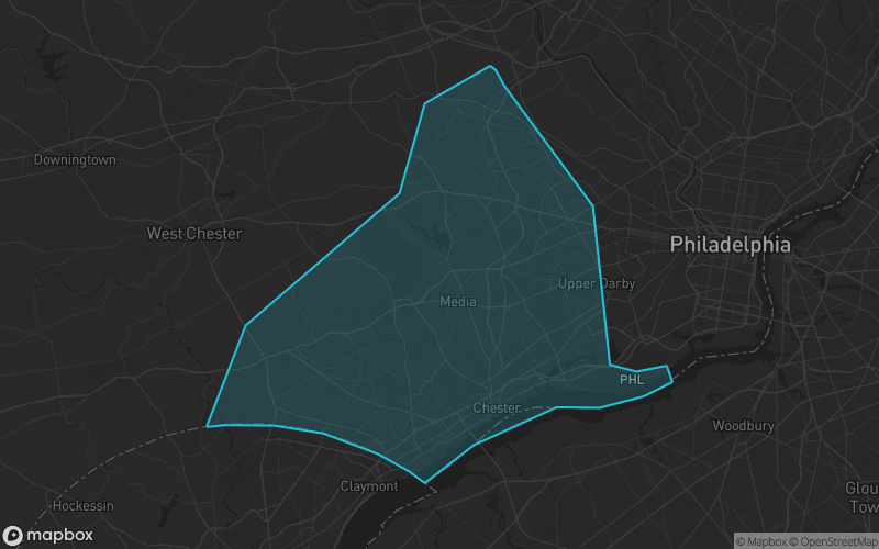 Map of Delaware County, Pennsylvania showing the county boundary and surrounding cities