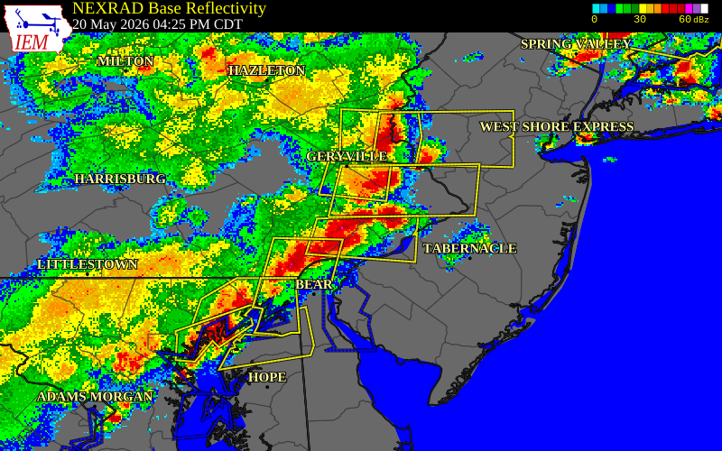 NEXRAD radar during the Wednesday, May 20, 2026 storm activity in Delaware County, Pennsylvania