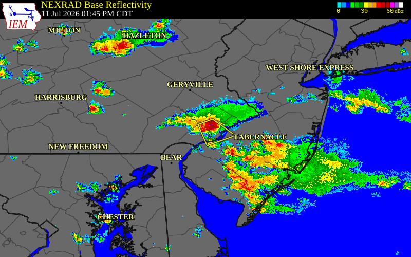 NEXRAD radar during the Saturday, July 11, 2026 storm activity in Delaware County, Pennsylvania