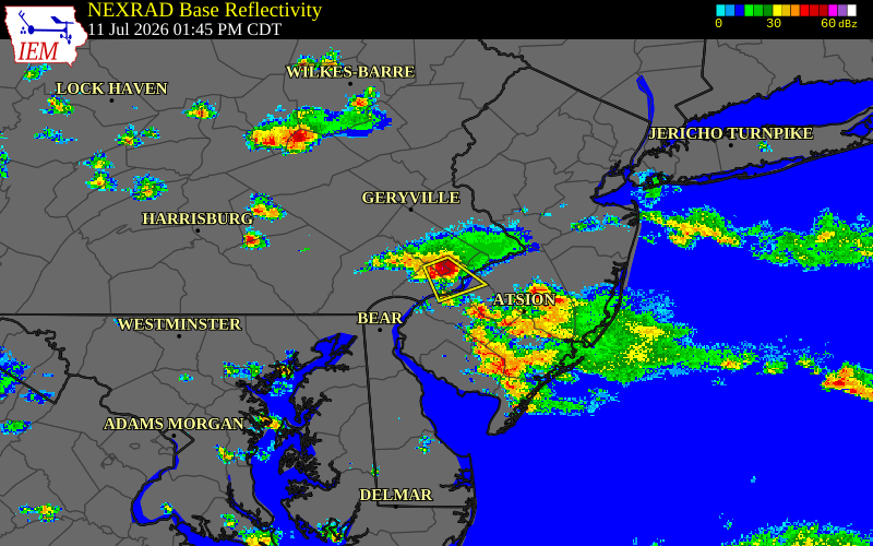 Radar snapshot during the Jul 11, 2026 wind event near 1 SSW Haverford, Delaware County, Pennsylvania, with NWS warning polygons