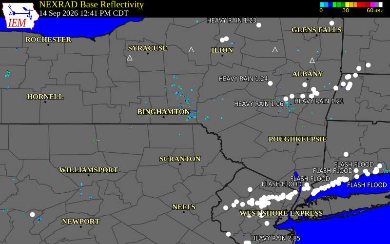 Current NEXRAD radar over Delaware County, Pennsylvania with recent storm report locations