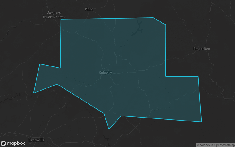 Map of Elk County, Pennsylvania showing the county boundary and surrounding cities