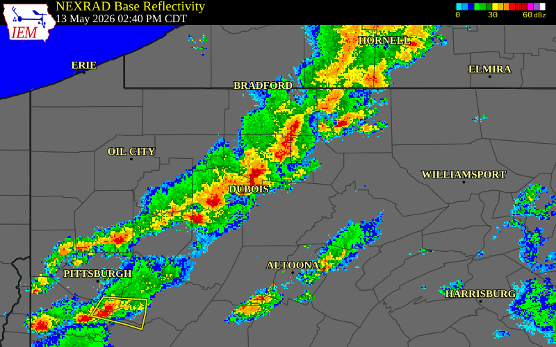 NEXRAD radar during the Wednesday, May 13, 2026 storm activity in Elk County, Pennsylvania