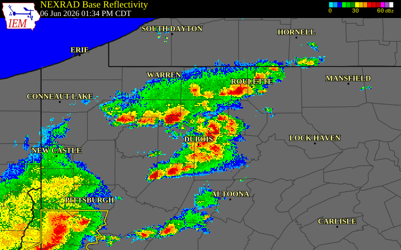 NEXRAD radar during the Saturday, June 6, 2026 storm activity in Elk County, Pennsylvania