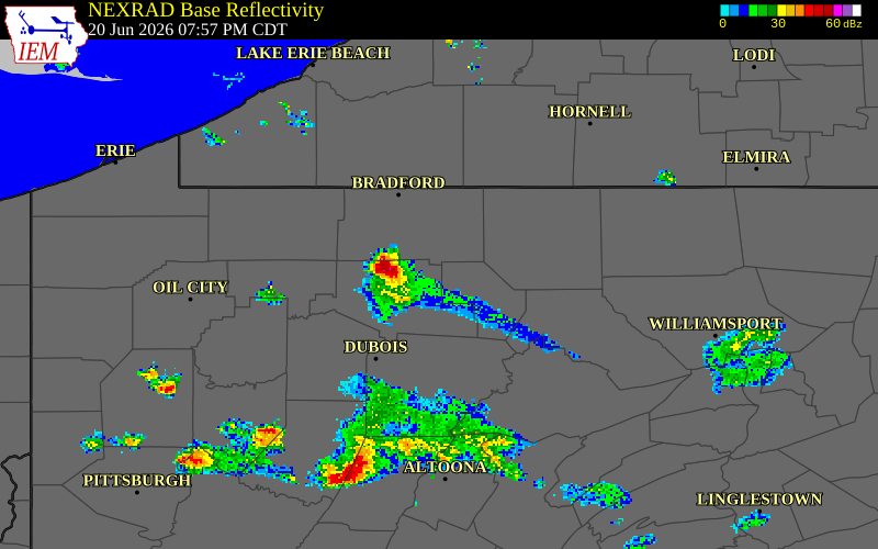 NEXRAD radar during the Saturday, June 20, 2026 storm activity in Elk County, Pennsylvania