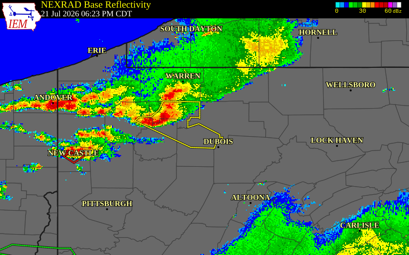 NEXRAD radar during the Tuesday, July 21, 2026 storm activity in Elk County, Pennsylvania