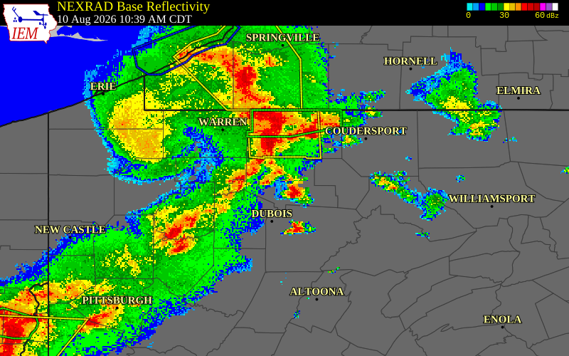 NEXRAD radar during the Monday, August 10, 2026 storm activity in Elk County, Pennsylvania