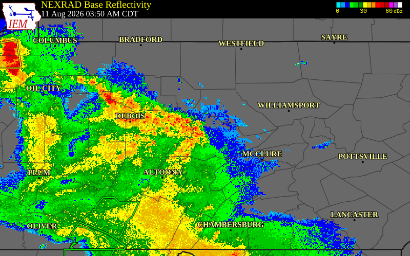 NEXRAD radar during the Tuesday, August 11, 2026 storm activity in Elk County, Pennsylvania