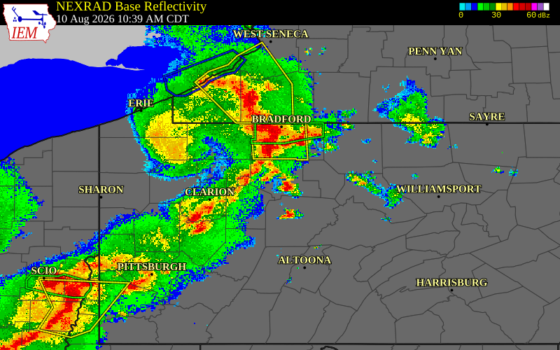 Radar snapshot during the Aug 10, 2026 wind event near Elk County, Elk County, Pennsylvania, with NWS warning polygons
