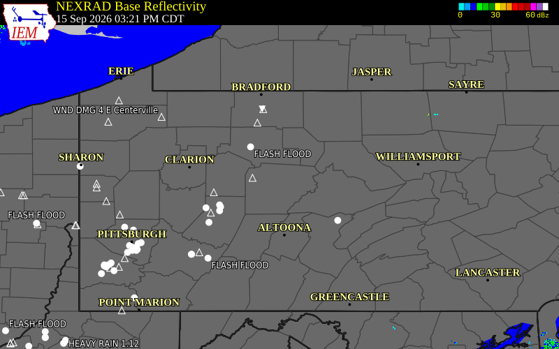 Current NEXRAD radar over Elk County, Pennsylvania with recent storm report locations